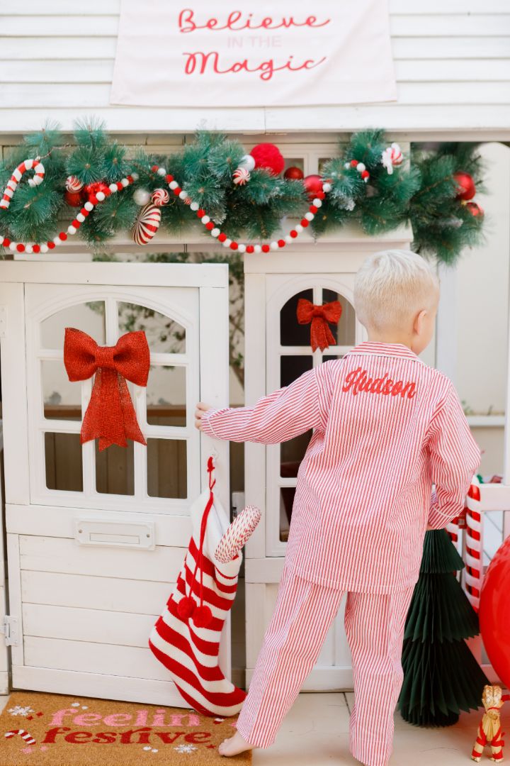 Family Matching PJs in Red/White Check with white sparkly personalisation