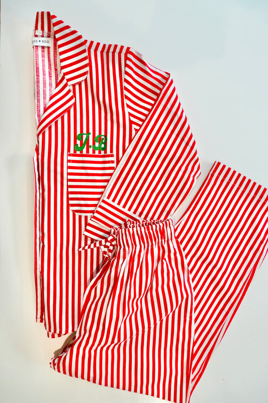 Family Matching PJs in Candy Cane Stripe with green sparkly personalisation