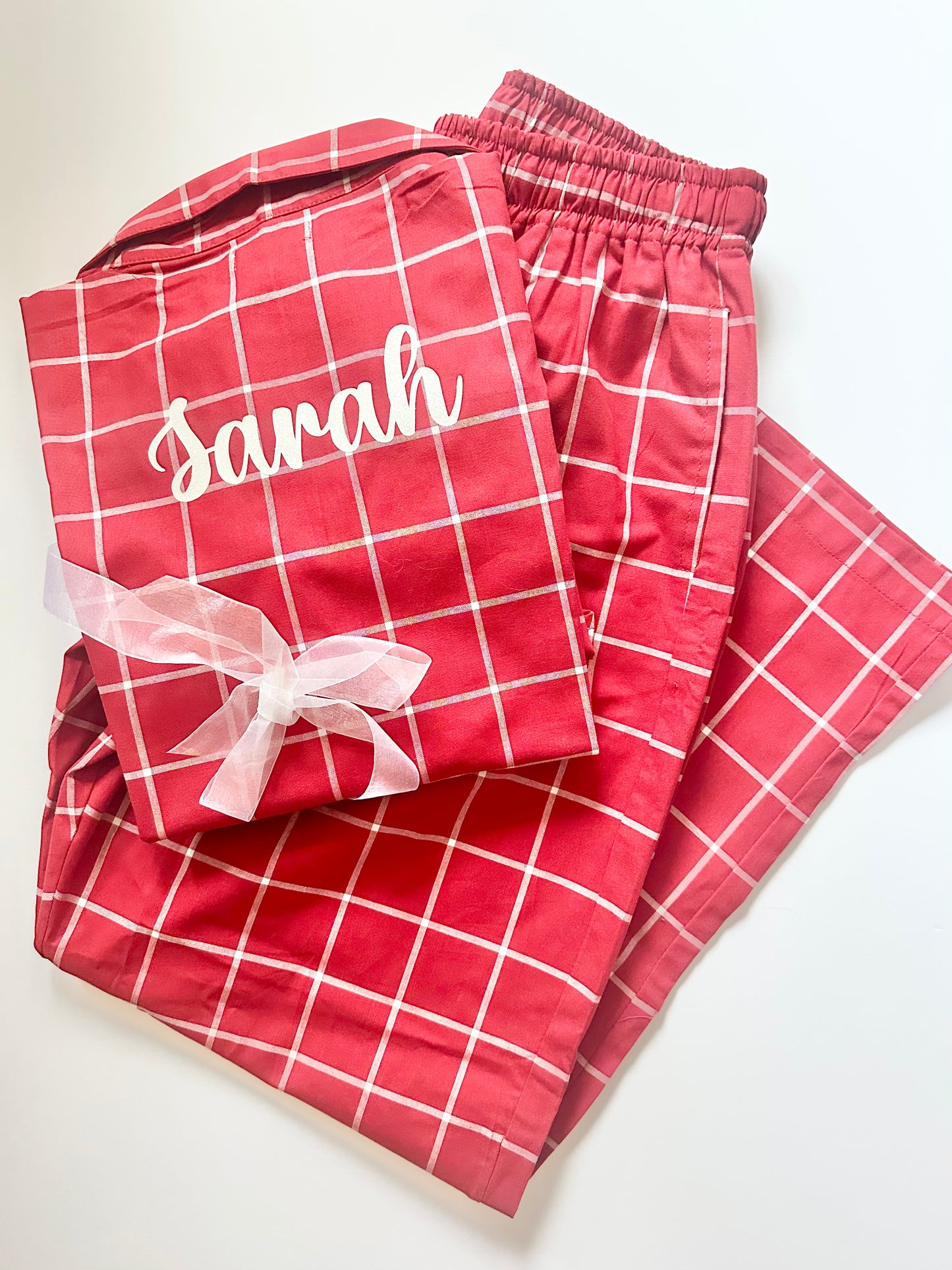 Family Matching PJs in Red/White Check with white sparkly personalisation