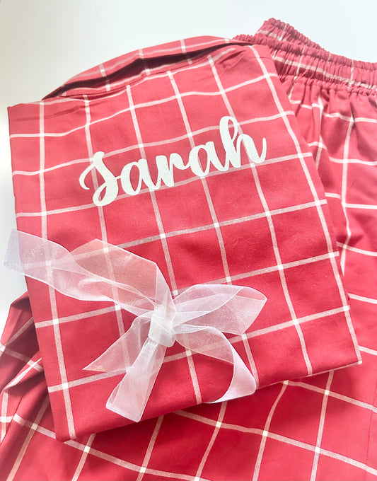 Family Matching PJs in Red/White Check with white sparkly personalisation