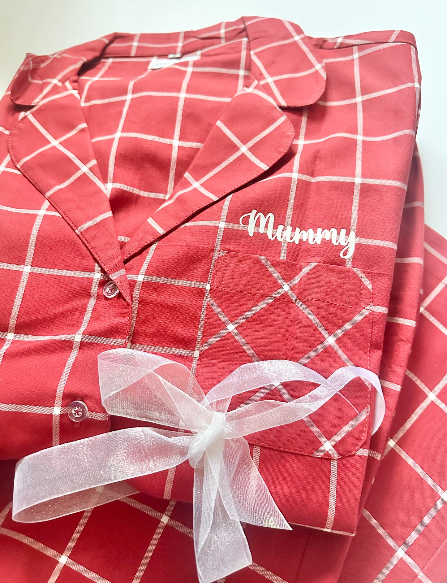 Family Matching PJs in Red/White Check with white sparkly personalisation