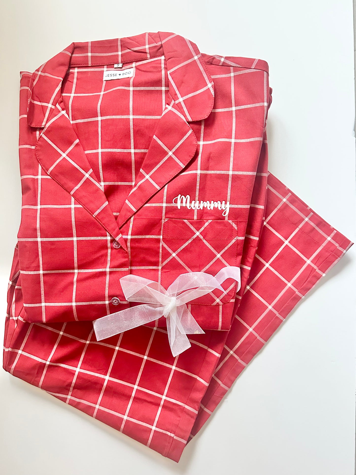 Family Matching PJs in Red/White Check with white sparkly personalisation