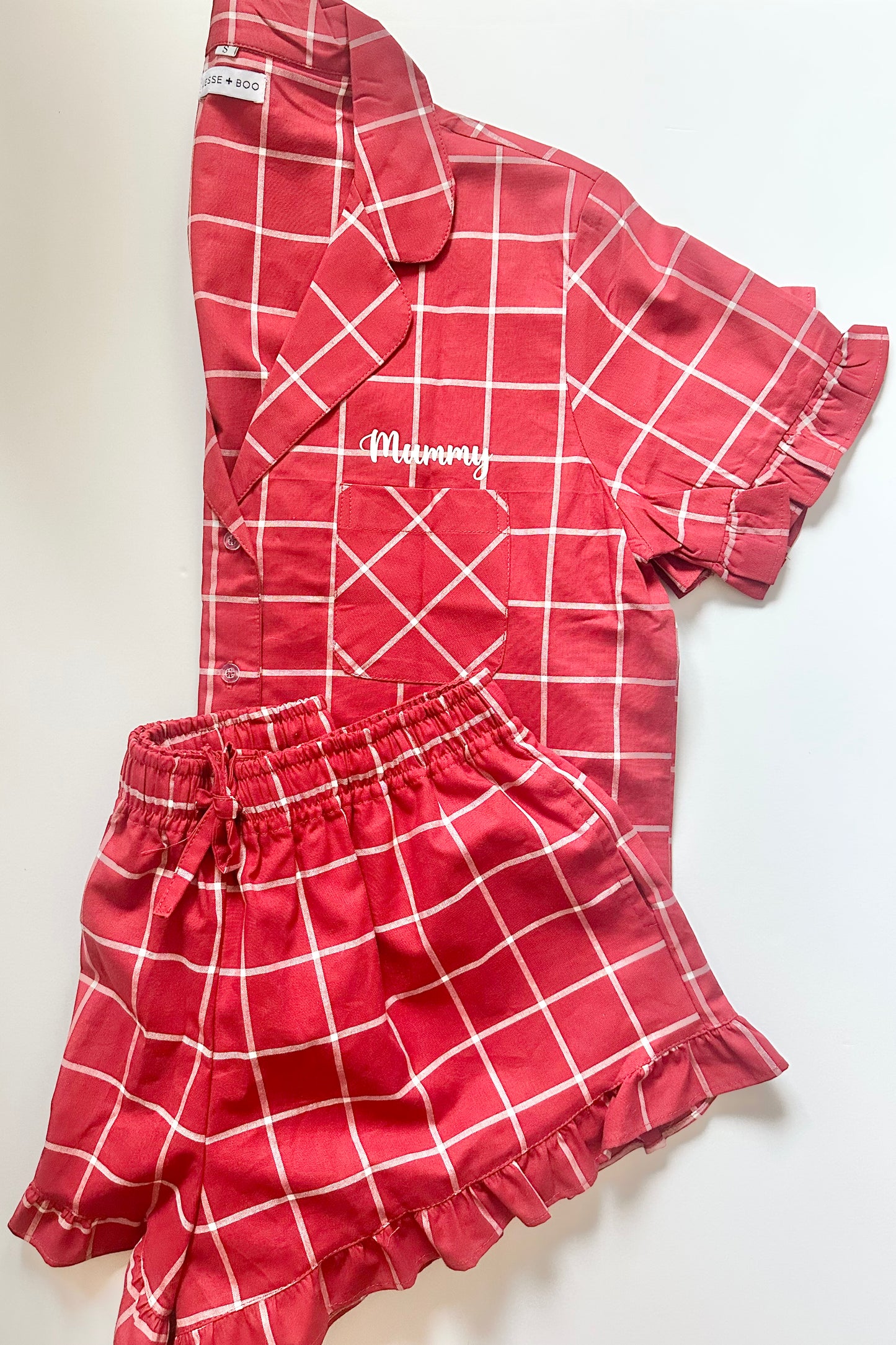 Family Matching PJs in Red/White Check with white sparkly personalisation