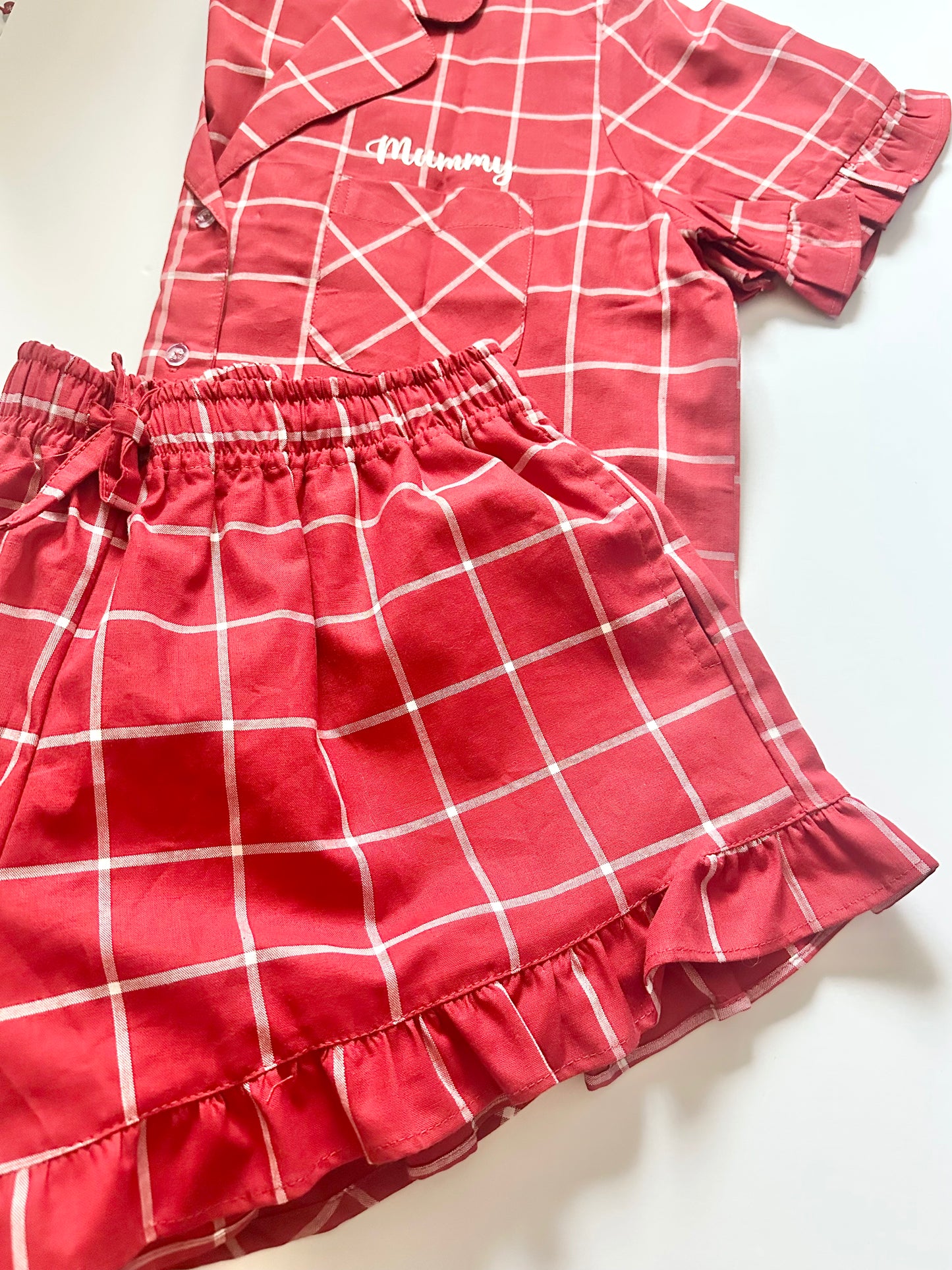 Family Matching PJs in Red/White Check with white sparkly personalisation