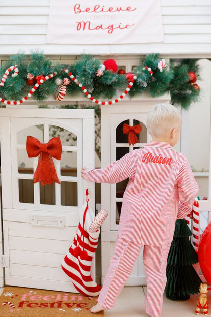 Family Matching PJs in GREEN & WHITE Stripe with sparkly personalisation (Red & White SOLD OUT)