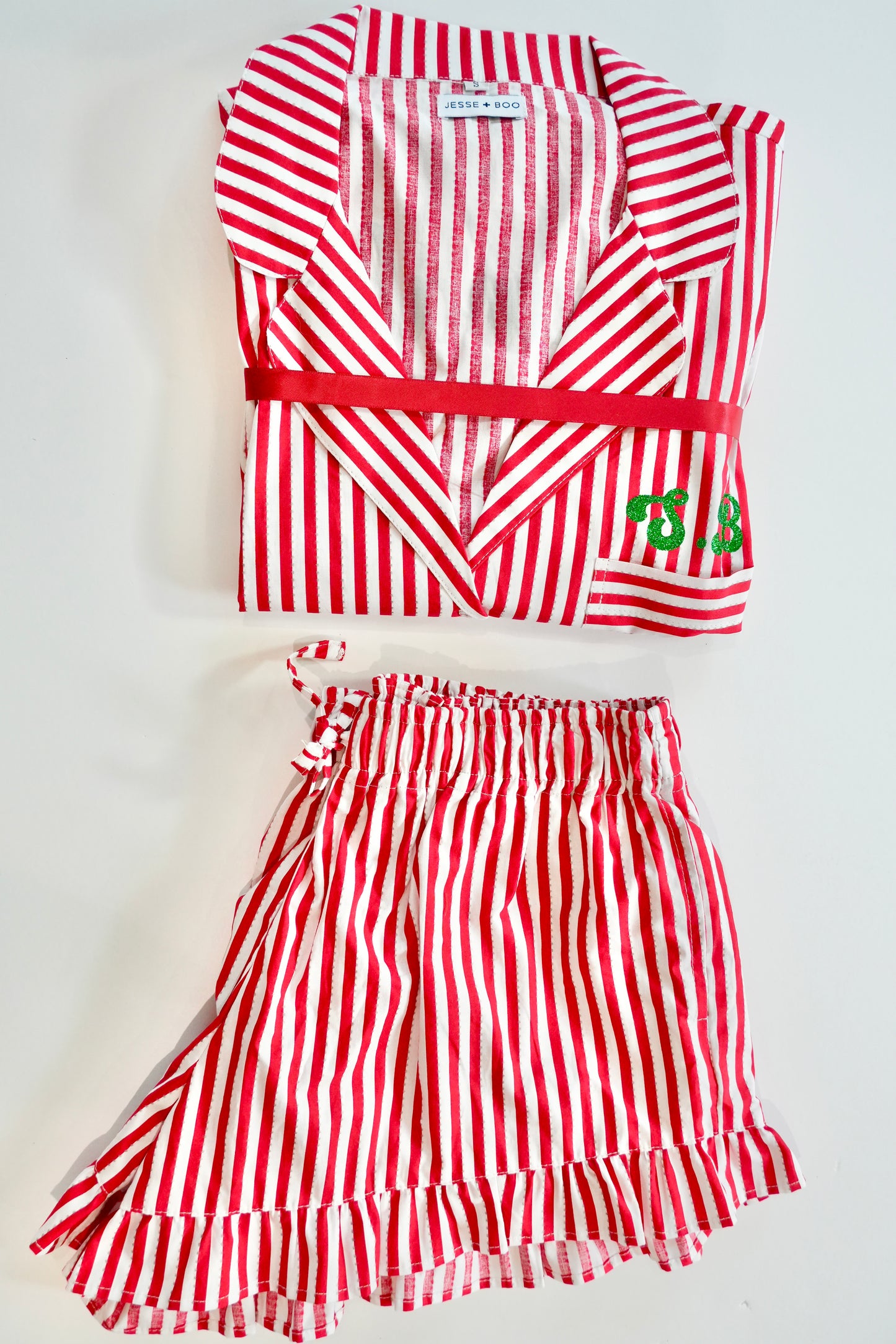 Family Matching PJs in Candy Cane Stripe with green sparkly personalisation