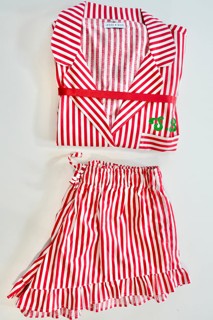 Family Matching PJs in Candy Cane Stripe with green sparkly personalisation