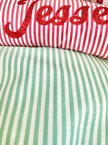 Family Matching PJs in GREEN & WHITE Stripe with sparkly personalisation (Red & White SOLD OUT)