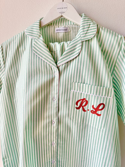 Family Matching PJs in GREEN & WHITE Stripe with sparkly personalisation (Red & White SOLD OUT)