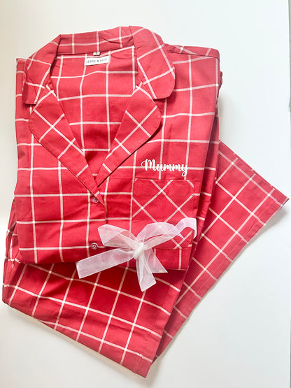 Family Matching PJs in Red/White Check with white sparkly personalisation