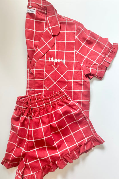 Family Matching PJs in Red/White Check with white sparkly personalisation
