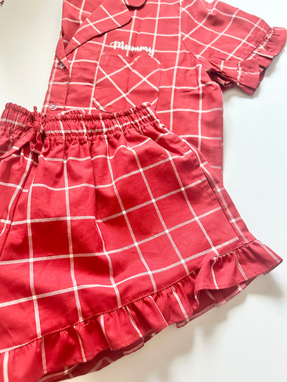 Family Matching PJs in Red/White Check with white sparkly personalisation
