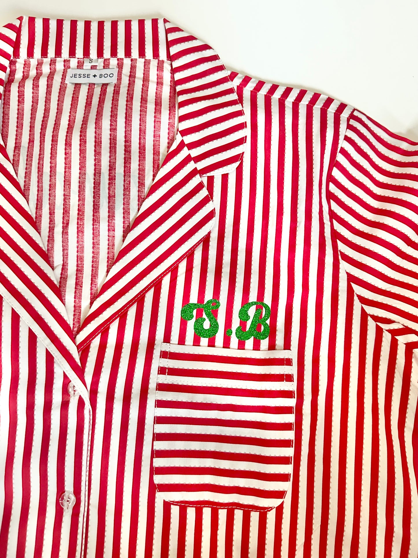 Family Matching PJs in Candy Cane Stripe with green sparkly personalisation