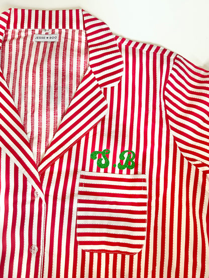 Family Matching PJs in Candy Cane Stripe with green sparkly personalisation