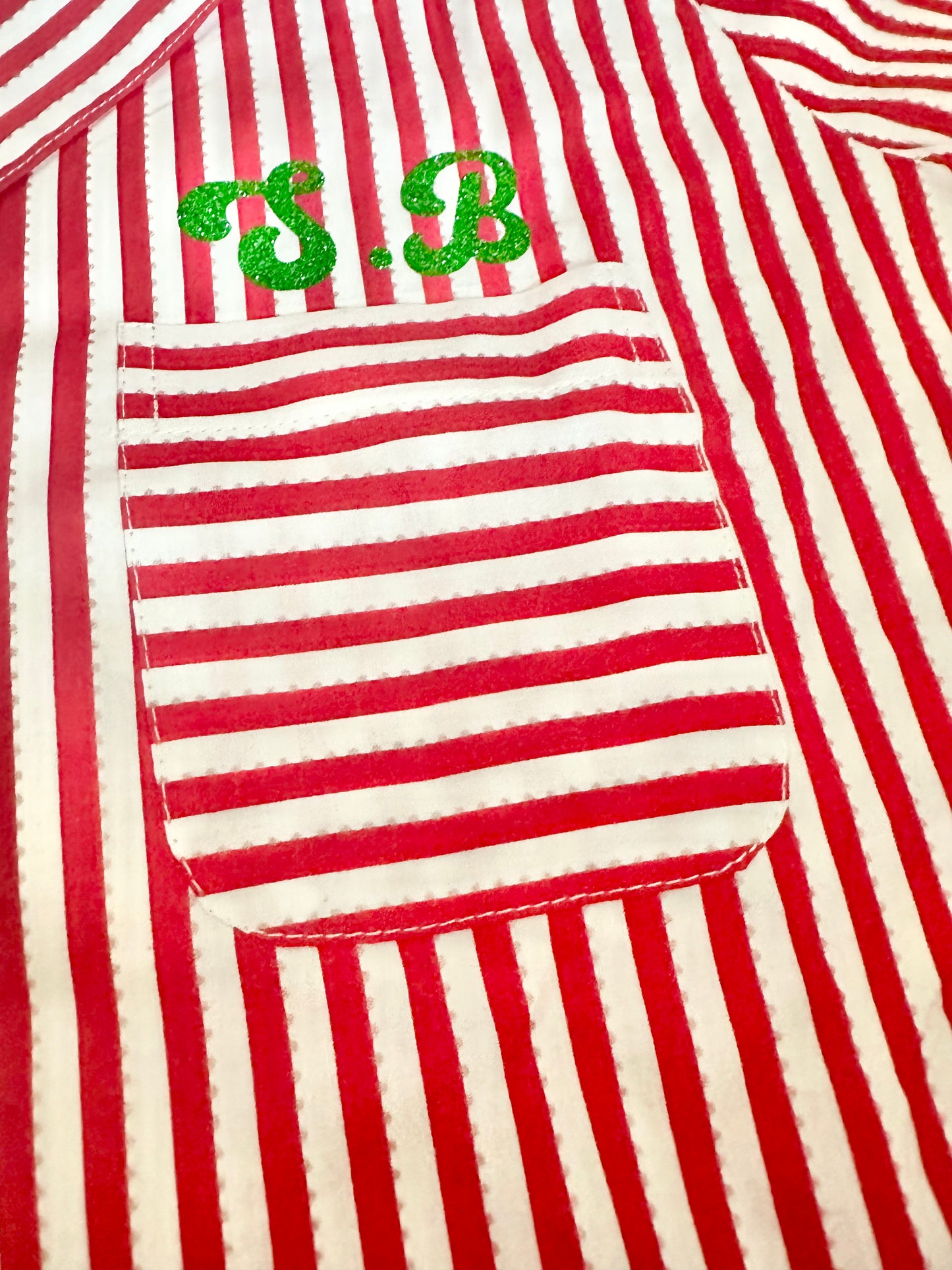 Family Matching PJs in Candy Cane Stripe with green sparkly personalisation