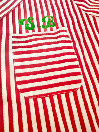 Family Matching PJs in Candy Cane Stripe with green sparkly personalisation