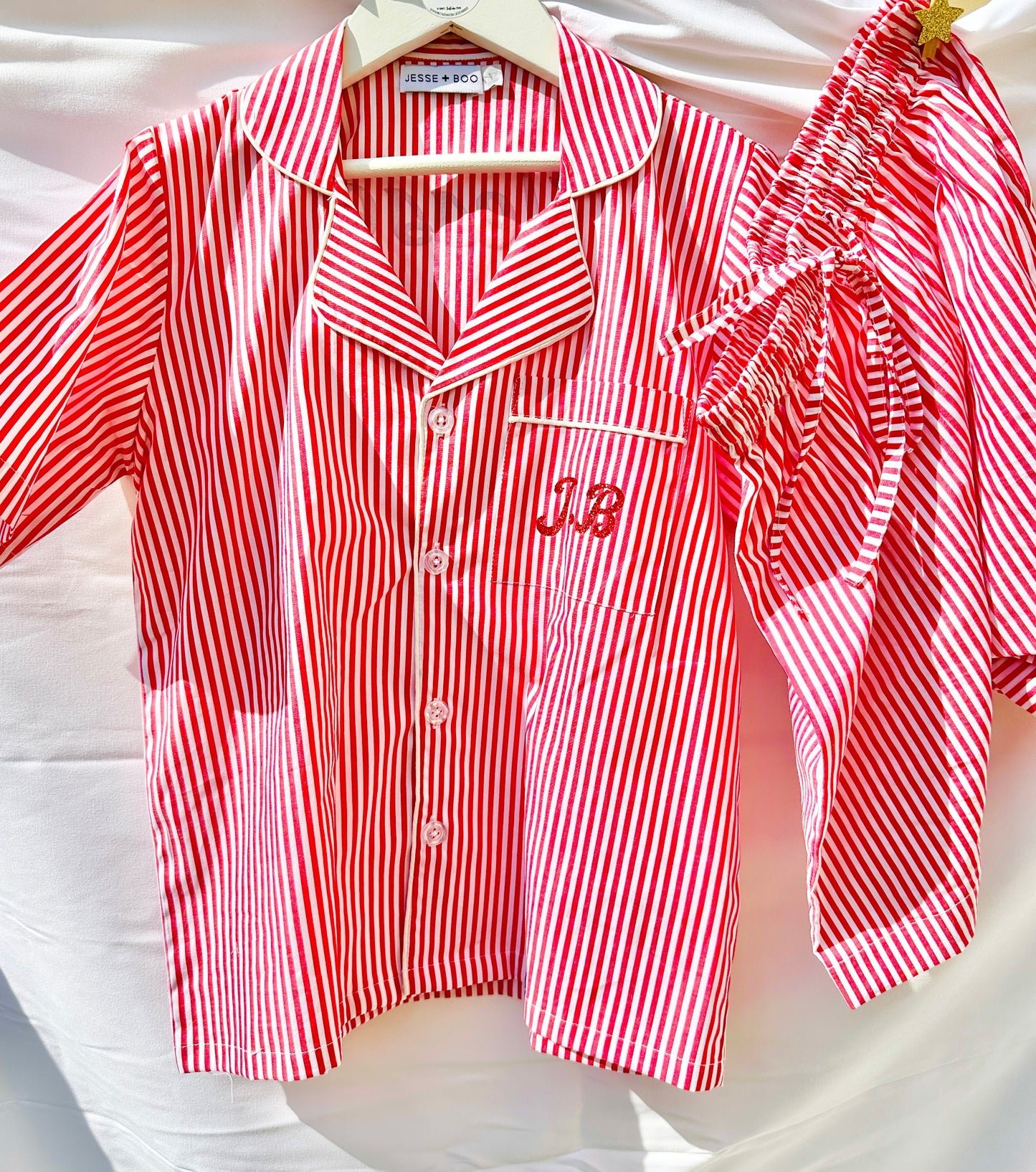 Family Matching PJs in GREEN & WHITE Stripe with sparkly personalisation (Red & White SOLD OUT)