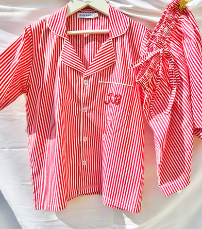 Family Matching PJs in GREEN & WHITE Stripe with sparkly personalisation (Red & White SOLD OUT)