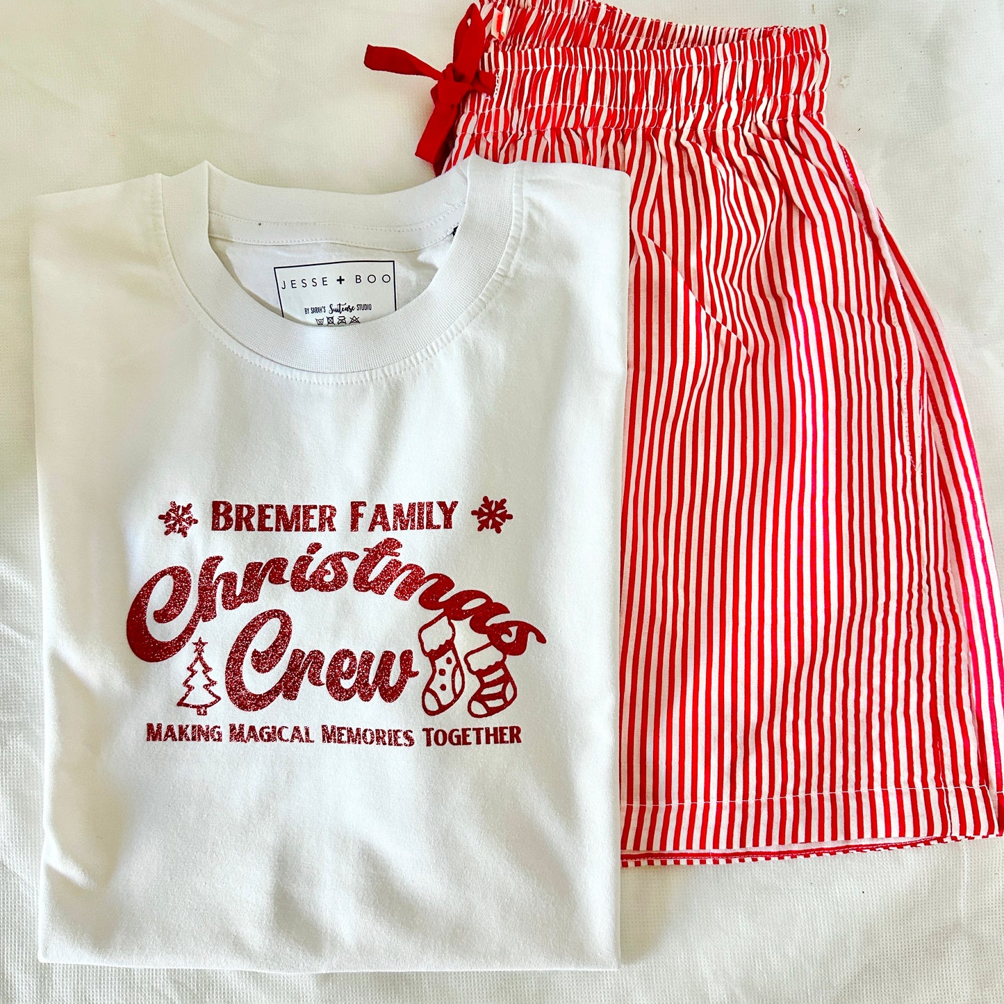 Personalised Christmas Crew PJ Set - GREEN & WHITE STRIPE