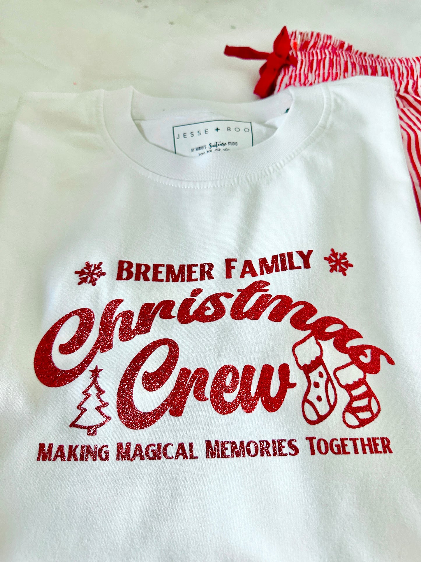 Personalised Christmas Crew PJ Set - GREEN & WHITE STRIPE